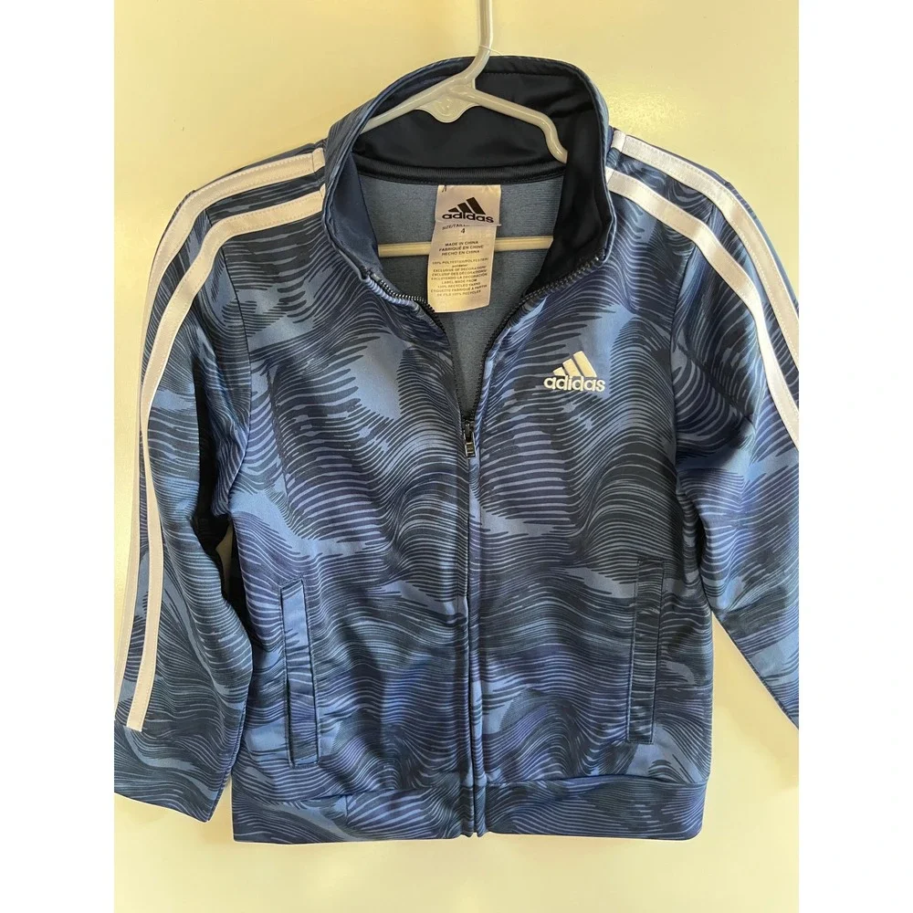 Adidas Boys Blue Wave Print Full Zip Track Jacket Size 4 White Stripes Logo